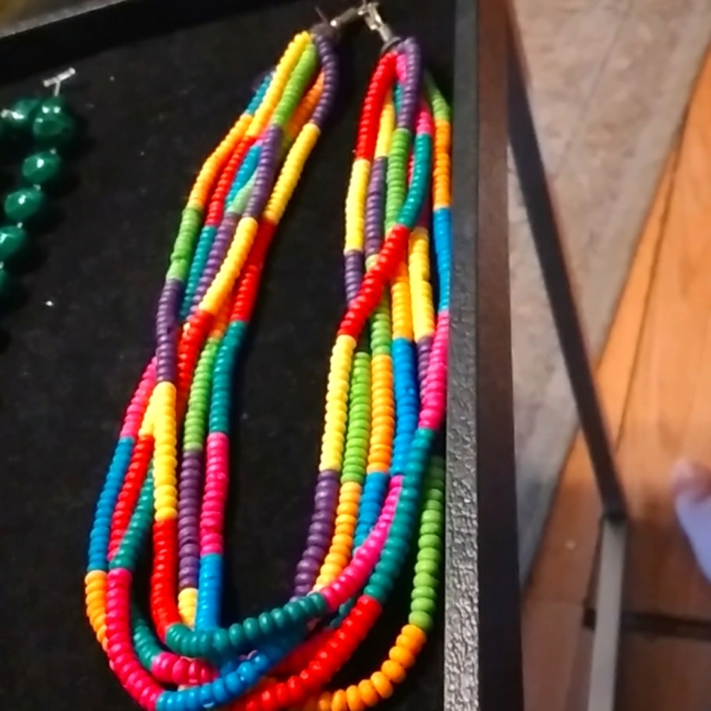 6 strand rainbow colored bead necklace
